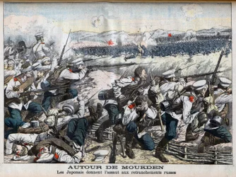 Russisch-Japanse oorlog - Japanse aanval op Russische loopgraven bij Mukden, Russisch-Japanse oorlog. Rond Moukden. De Japanners bestormen de Russische loopgraven. Illustratie voor Le Petit Journal, 2 oktober 1904.