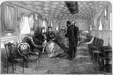 Russische keizerlijke trein gebruikt door de Hertog en Hertogin van Edinburgh in 1874: de salonwagon. Gravure in 