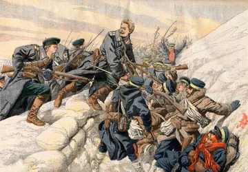 Russisch-Japanse Oorlog - Gevechten in de loopgraven bij Port Arthur, Russisch-Japanse Oorlog. De heroïsche dood van de Russische luitenant Alexander - In de loopgraven van Port Arthur. Heroïsche dood van de Russische luitenant Alexander. Illustratie voor 