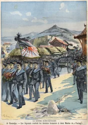 Russisch-Japanse Oorlog in Chemulpo, de Japanners brengen de laatste eer aan twee matrozen van de Virag. Le Petit Parisien van 3 april