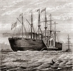 SS Great Eastern, ijzeren zeil-stoomschip ontworpen door Isambard Kingdom Brunel, uit Les Merveilles de la Science, gepubliceerd ca. 1870