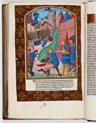 Sabinus, een Syrische hulp, biedt aan om de muur van Jeruzalem te beklimmen en wordt voorgesteld aan Titus, 70 AD (handgekleurde prent)