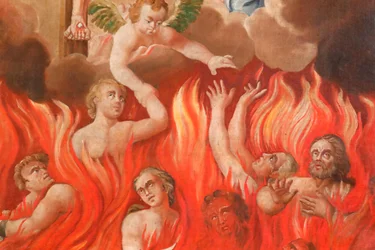 Saint-Nicolas de Veroce kerk. Laatste oordeel: de hel. Een groep van de geredden. Schilderij. Frankrijk.