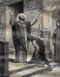 Saint Aubert (Saint-Aubert) bisschop van Cambrai en Arras (633-667?), verwelkomde zijn leerling en verloren petekind, Landelin (613-) zoon van de heer van Vaulx en vergaf hem zijn drie jaar van dwaling. Gravure in 