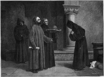 Sint Bonaventura ontvangt de hoed van de kardinaal. Hij werd in 1273 door Gregorius X tot kardinaal-bisschop van Albano gewijd. Gravure door Bauchart naar het schilderij van Santar
