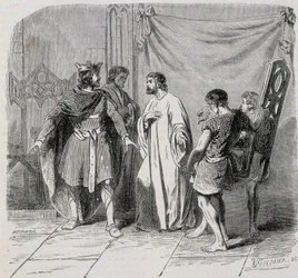 Sint Eloi en Dagobert: Dagobert was verbaasd toen Eloi hem de tweede stoel introduceerde - gravure 19e eeuw