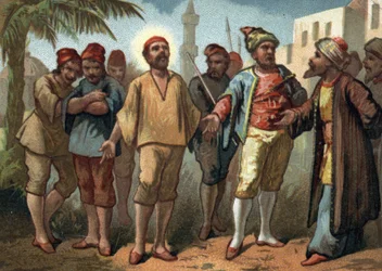 Sint Vincentius van Paul (1581-1660), priester werd gevangengenomen door Turkse piraten die hem als slaaf verkochten in Tunis. Chromolithografie uit het einde van de 19e eeuw.