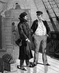 Samuel Finley Breese Morse (1791-1872), Amerikaanse schilder en natuurkundige, spreekt bij zijn terugkeer naar de Verenigde Staten met de kapitein van het schip over zijn idee van een elektrische telegraaf. in "Popular history of science, inventions and di