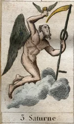 Saturnus, god van landbouw en oogst, wordt afgebeeld met een sikkel. Uit „Mythologie van de jeugd” van Pierre Blanchard, 1803.