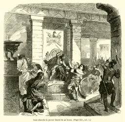 Saul probeert David met zijn speer te doorboren