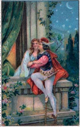 Scène uit Shakespeares "Romeo en Julia", akte 3, scène 5: de geliefden op het balkon.