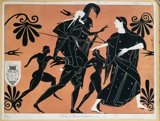 Scène van een oude Griekse vaas die de vlucht van Aeneas uit Troje toont met zijn zonen en zijn vader Anchises op zijn rug
