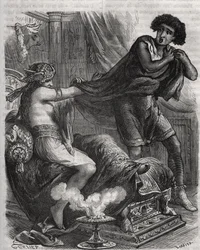 Scène uit de Bijbel: "Ze greep de te deugdzame jongeman bij zijn tuniek". De vrouw van Putiphar probeert Jozef, een slaaf van de farao, te verleiden. Gravure uit 1871 in "Histoire Des Cocus Celebres" door Henry de Kock