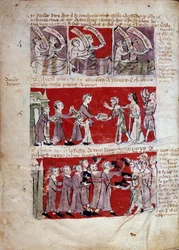 Scène uit het studentenleven aan het Collège de Hubant, of Ave Maria, in Parijs. Scènes uit het studentenleven en regels van het college. Stroken 4 tot 6. Handschriftpagina uit het „Livre des statuts du Collège de Hubant ou de l