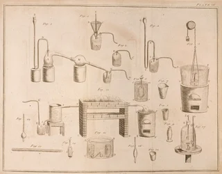 Wetenschappelijke apparatuur, uit The Elements of Chemistry door Antoine Laurent de Lavoisier (1743-94) gegraveerd door D. Lizars, 1796