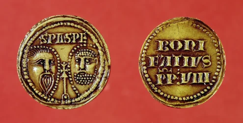 Zegel met de hoofden van St. Paulus en St. Petrus, van een bul van paus Bonifatius VIII, recto en verso, 1295