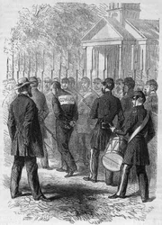 Secessieoorlog (1861-1865) of Amerikaanse Burgeroorlog: straf van een soldaat van het noordelijke leger beschuldigd van lafheid in de strijd. Met zijn handen gebonden, een 