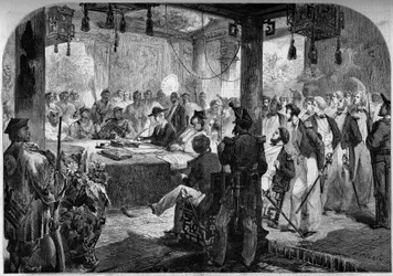 Tweede opiumoorlog tussen Frankrijk en Engeland en China (1858-1860) - ondertekening van het Verdrag van Tianjin (Tientsin) in 1858: Engelse en Franse ambassadeurs Lord Elgin (James Bruce