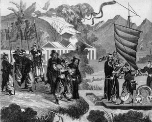 Tweede Opiumoorlog tussen Frankrijk, Engeland en China (1858-1860): Chinese karikatuur van het conflict. Een boot staat klaar om de kust te naderen onder de spottende blik van een groep Chinezen. Aan boord van de boot bevinden zich twee figuren die