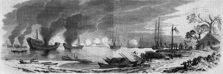 Tweede opiumoorlog tussen Frankrijk en Engeland en China (1858-1860): Chinese jonken geladen met brandbare materialen gelanceerd tegen de Engelse en Franse vloten. China.