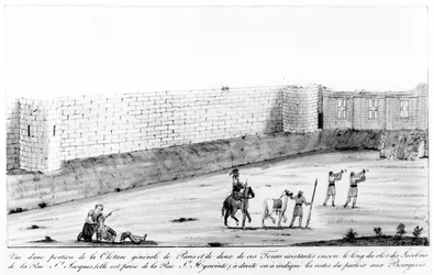 Sectie van de rechteroever van de stadsmuur van Parijs gebouwd tussen 1190 en 1209 in opdracht van Philippe II Auguste, eind 18e eeuw