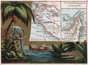 Senegal, Mayotte, Ile de Sainte Marie, Nossi Be (Nossi-be of Nosy-be), Afrika. Olifant, krokodil en boot in een rivier. Serie over de Franse koloniën. Chromolithografie 
