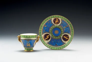 Sevres bleu celeste en lichtgroene grond twee-handled kop en schotel, 1790