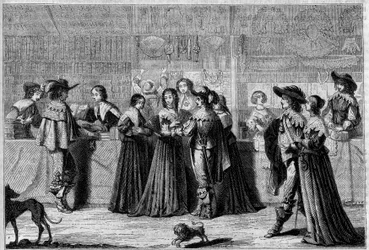 Winkels in de Galerie du Palais (Parijs), midden 17e eeuw. Van links naar rechts: een boekwinkel, een fourniturenwinkel en een winkel met waaiers, handschoenen en kant. Gravure door Foulquier in 