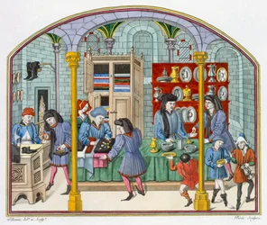 Winkels onder een Overdekte Markt, naar een miniatuur in een 14e-eeuwse vertaling van Aristoteles