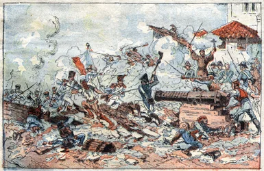 Beleg en inname van Zaragoza in Spanje in februari 1809 door de Napoleontische troepen. Gravure uit de 19e eeuw