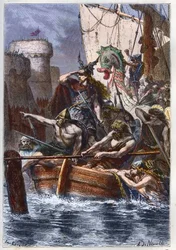 Beleg van Parijs (885-887): invasie van de Noormannen (Vikingen) in 886 - Vikingrover Rollo (Rollon) de Ranger valt Parijs aan via de rivier de Seine 885 AD - gravure uit 