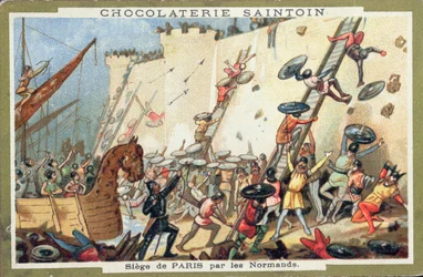Belegering van Parijs door de Noormannen in de 9e eeuw, reclame voor Chocolaterie Saintoin, ca. 1900