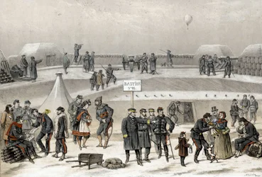 Belegering van Parijs in 1870 tijdens de oorlog 1870-1871. De soldaten bereiden de verdediging van de stad voor: men kan een soldaat in de bunker zien.