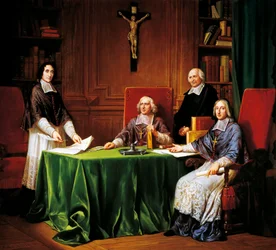 Ondertekening van de Artikelen van de Issy-conferentie gehouden in 1697 tussen Jacques Benigne Bossuet (Bisschop van Meaux), Louis-Antoine Noailles (Bisschop van Chalons) François Fenelon (Aartsbisschop van Cambrai)