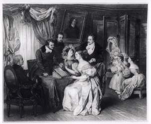Ondertekening van het huwelijkscontract bij de notaris, ca. 1840