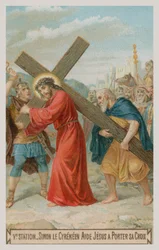 Simon van Cyrene helpt Jezus het kruis te dragen. De vijfde statie van de kruisweg