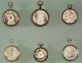 Zes zakhorloges versierd met revolutionaire symbolen (metaal & email)