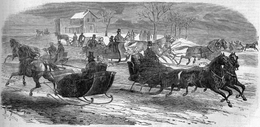 Slede in New York, Verenigde Staten, winter 1858. Gravure in 