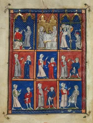 Joseph van Arimathea vraagt om het lichaam van Christus, Joseph en een vrouw met begrafenislinnen, en de Kruisafneming, en hieronder twee vrouwen die een ziek borst aan een arts tonen, en vier mannen met verschillende genitale ziekten