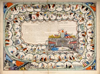 Slangen en ladders bord gebaseerd op de Franse Revolutie, 1791