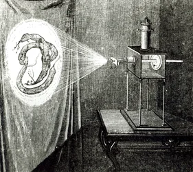 Zonmicroscoop, uit Les Grandes Inventions Anciennes et Modernes door Louis Figuier, Parijs, 1861