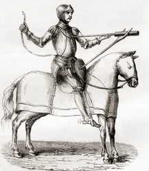 Soldaat te paard met een handbombarde, laat 14e en begin 15e eeuw, naar een tekening uit het manuscript van Marianus Jacobus, uit Les Merveilles de la Science, gepubliceerd ca. 1870 (gravure)