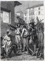 Soldaten, jullie behoeften zijn groot: Franse soldaten lezen de proclamatie van generaal Bonaparte in november 1799 - Gravure van 1865 in "Histoire du Consulate et de l