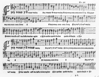 Liedblad uit Chansons Musicales gepubliceerd door Pierre Attaignant (d.1552) 1535-36