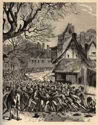 Soule spel (voorloper van voetbal) - (Frankrijk) - Le jeu de la soule in Basse Normandië (vermoedelijke voorloper van voetbal en rugby) - gravure in 