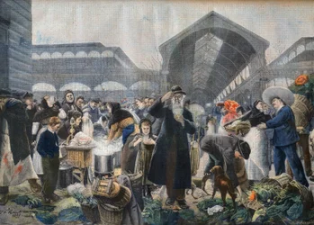 Soepkraam op de Les Halles Markt in de ochtend, illustratie uit Le Petit Journal, 2 maart 1897 - la soupe aux Halles le matin in Parijs - gravure door Fortune-Louis Meaulle naar Jean Jacques Rousseau (1861-1911)