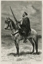 Spahi, efficiënte ruiter en gevreesd bijdragend aan de verovering van Algerije, in dienst van Frankrijk, gedetacheerd bij het Arabische kantoor, gravure naar een tekening van H. Charles, ter illustratie van het verhaal Tebessa en zijn monumenten (Algerije)