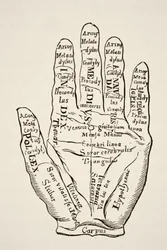Voorbeeld van de linkerhand met de lijnen en hun horoscopische benamingen, uit "Wetenschap en literatuur in de middeleeuwen" van Paul Lacroix, gepubliceerd in Londen in 1878