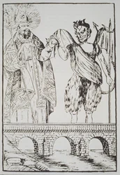 St. Cado en de Duivel, kopie van een populaire Franse prent, geïllustreerd in een geschiedenis van magie gepubliceerd eind 19e eeuw