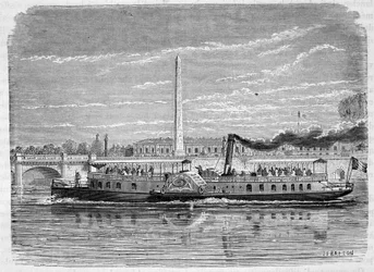 Stoomboot (met wielen) bedoeld voor de omnibusdienst op de Seine in Parijs tijdens de Wereldtentoonstelling van 1867
